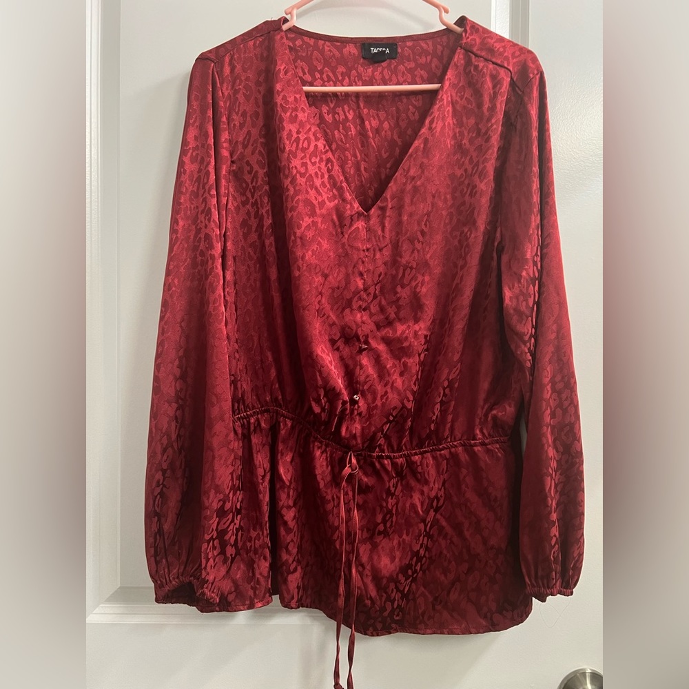 Red Wine Satin Jacquard Peplum Top